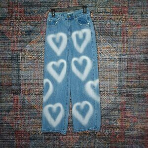 Adika womens medium distressed HEARTS AOP highrise boot jeans Sx30 EUC
